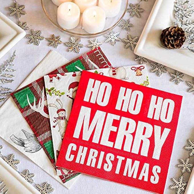 13 INCH PAPER LUNCHEON NAPKINS, 500 HO HO HO DESIGN PRINTED NAPKINS3-PLY, TEXTURED EDGES, RED PAPER DECORATED NAPKINS, SOFT AND STRONG, FOR PARTIES OR CATERING EVENTS - - Image 3